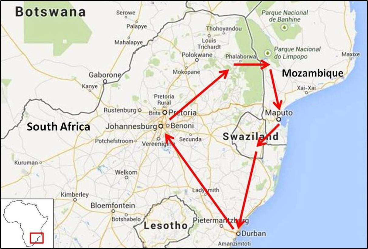 General Map of Bicycle Tour trough South Africa, Mozambique, and Swaziland