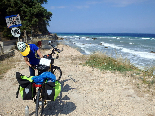 Cycling the Gulf of Corinth's coast.