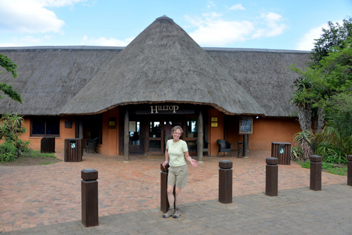 Happy Camper in front of Hluhluwe's Hilltop Restaurant & Overlook.