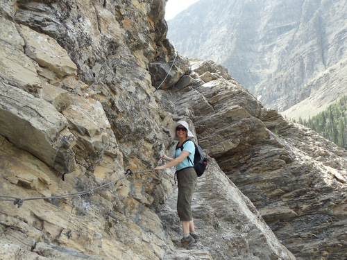 Terry, climbing on the Transverse Cable.