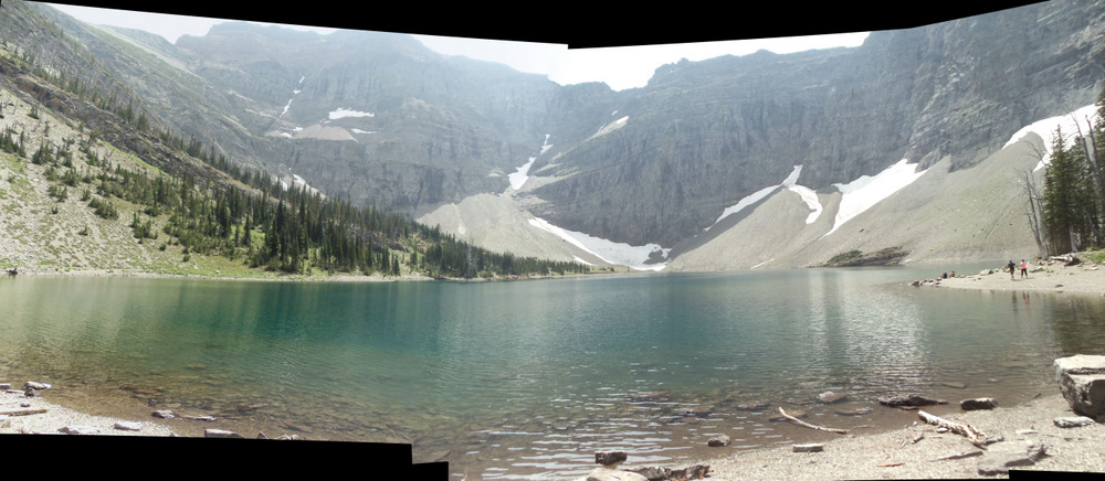 This is a slightly warped multi photo-stitched view of Crypt Lake.