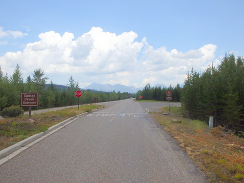 Now heading south on Camas Road toward 'Going to the Sun Road'.