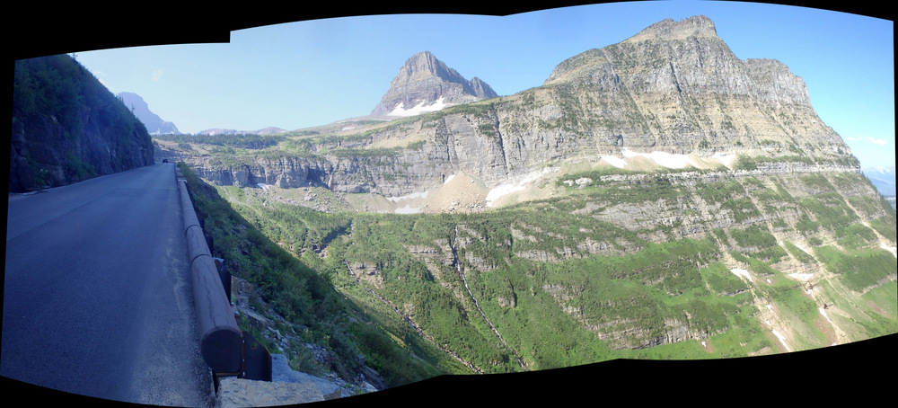 A composite view, east bound (although south here), looking south, about a mile from Logan Pass. It was cooler, we were in snow country..