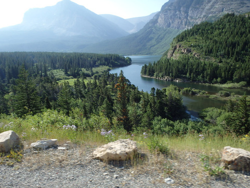 Cycling out of Many Glaciers Lodge, Glacier NP.