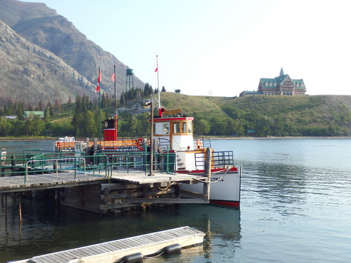 Viewing the Middle Waterton Lake Boat Ferry and the Prince of Wales Lodge.