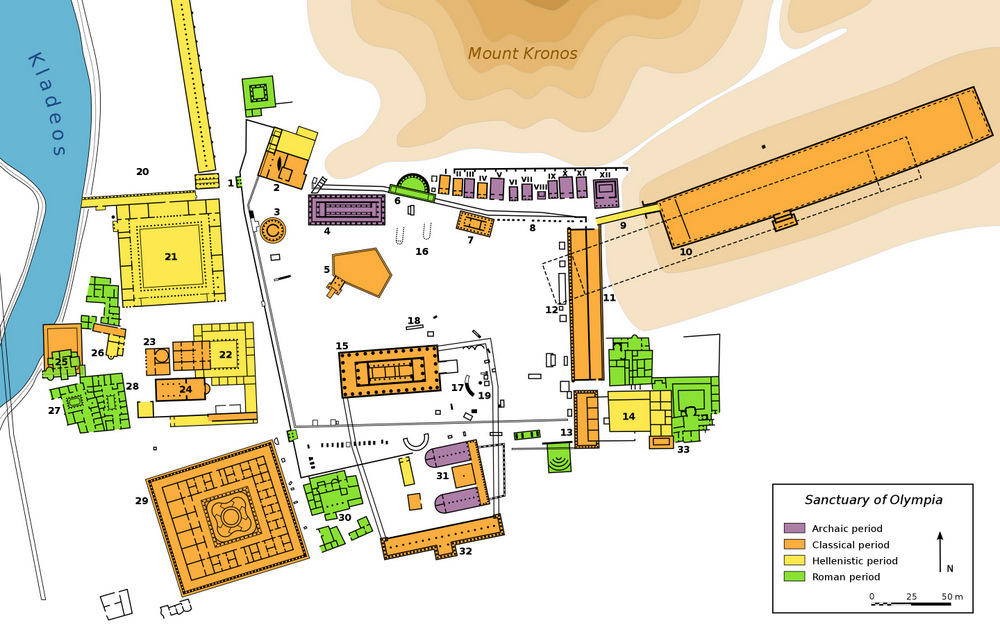 Ancient Olympia Archeological Site Map, Src: Wikipedia.