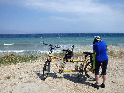 Cycling the Gulf of Corinth's coast.