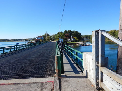 Grated bridge across the Rye River, we all walked.