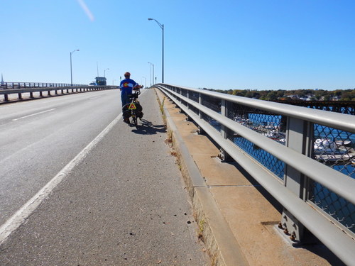 Walking the Bee across the Merrimack River bridge on US-1 in Newburyport, MA.