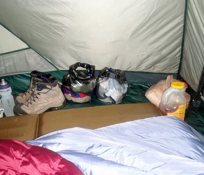 Tent Camp Interior, Trash Bag & P Bottle Next to Exit Door.