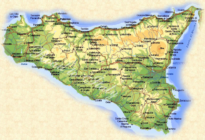 Geographical Map of Sicily.