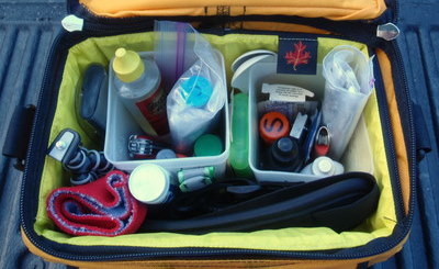 Handlebar Bag with interior organizers (quart sized freezer boxes)