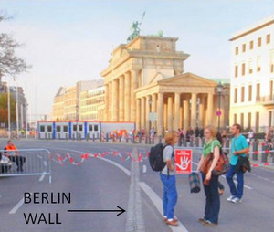 Brandenburg Tor, the throughway is closed to traffic and bicycles for a State Visit. The double line of bricks is the old Berlin Wall.